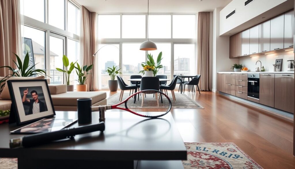 A modern, stylish apartment interior showcasing the living space of Polish tennis player Hubert Hurkacz. In the foreground, a sleek coffee table adorned with tennis-related memorabilia, such as framed photographs and a signed racket. The middle features a spacious, contemporary living area with large windows letting in soft, natural light, highlighting a minimalist design with neutral colors and hints of green from potted plants. The background includes a well-organized kitchen area with elegant finishes and a subtle tennis theme, reflecting an athlete's lifestyle. The atmosphere is vibrant yet relaxing, perfect for a professional athlete, captured with warm lighting and a slightly low angle to emphasize the space's sophistication.