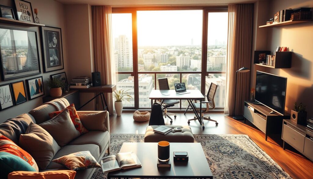 A modern, stylish apartment showcasing a comfortable living environment. In the foreground, a cozy sitting area with a plush sofa, colorful cushions, and a coffee table adorned with magazines and a coffee cup. The walls are lined with trendy art and shelves displaying collectibles that suggest a creative personality. In the middle, large windows allow natural sunlight to flood the space, highlighting a well-organized desk with a laptop and gadgets, hinting at a productive lifestyle. In the background, a balcony overlooks a vibrant urban landscape, showcasing city buildings and greenery. The lighting is warm and inviting, creating a relaxed atmosphere. Capture this scene from a slightly elevated angle to emphasize the spaciousness and charm of the residence.