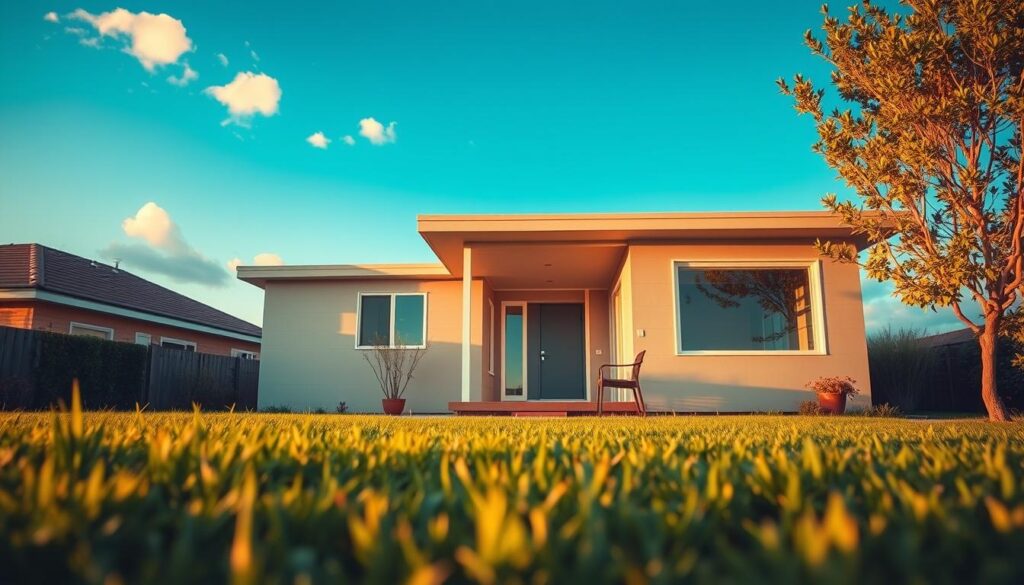 A modest, contemporary home reflecting Elon Musk's understated lifestyle, situated in a tranquil, suburban neighborhood. The foreground features a well-manicured lawn with vibrant greenery, and the house is painted in soft beige tones with large windows that invite natural light. In the middle ground, a sleek, minimalist design showcases a small porch adorned with simple outdoor furniture. The background displays a clear blue sky and a few scattered clouds, creating an inviting atmosphere. The image captures warm, golden hour lighting, highlighting the home’s architectural details. A low-angle shot emphasizes the house nestled within its surroundings, conveying a sense of calm and simplicity, fitting for one of the world’s wealthiest yet most unassuming individuals.
