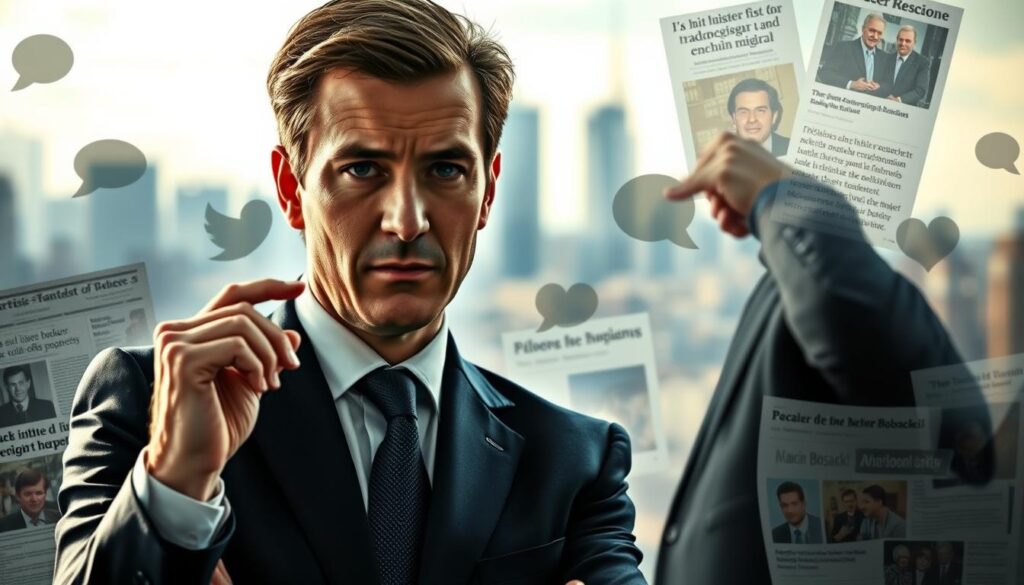 A multifaceted portrayal of Marcin Bosacki surrounded by elements symbolizing controversy and public intrigue. In the foreground, a thoughtful politician in professional business attire, with a serious expression, is standing in a dynamic pose, gesturing as if discussing important matters. In the middle ground, a collage of newspaper headlines and abstract representations of social media reactions, illustrating public opinions. The background features a blurred city skyline, suggesting his urban life and political environment. Soft, dramatic lighting casts shadows that enhance the seriousness of the scene, while the camera angle is slightly tilted, evoking a sense of tension and complexity. The overall atmosphere is charged with anticipation and debate, highlighting the controversies and public perceptions surrounding him.