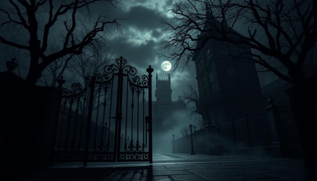 A mysterious and atmospheric street scene depicting the fictional residence of Wednesday Addams. In the foreground, an ornate, wrought-iron gate stands slightly ajar, revealing glimpses of a dark, gothic mansion adorned with intricate architectural details. The middle ground features twisted trees with bare branches, shrouded in mist, enhancing the eerie ambiance. In the background, a full moon peeks through the clouds, casting silvery light on the scene. The lighting is dim and moody, with shadows playing across the ground. The composition is shot from a low angle, creating a sense of depth and intrigue. The overall mood is one of dark whimsy, reflective of Wednesday's character, blending the line between fiction and reality.