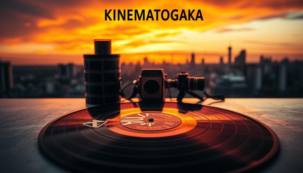 A nostalgic album cover for "Kinematografia," featuring a stylized representation of the music and film influences of the rapper Magik from Paktofonika. In the foreground, an elegantly designed vinyl record lies flat, reflecting light and showcasing abstract art that symbolizes themes of storytelling and emotional depth in hip-hop. The middle ground includes stacked film reels and a vintage camera, emphasizing the cinematic nuances of the album. In the background, a blurred urban skyline at dusk, with warm orange and purple hues from the setting sun, creating an atmospheric glow. The overall mood is reflective and artistic, evoking a sense of nostalgia and reverence for Magik's legacy, with soft, diffuse lighting adding an intimate touch.