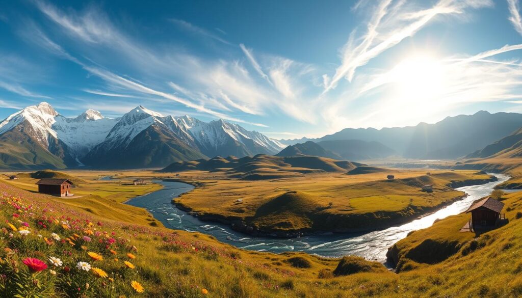 A panoramic view of the breathtaking landscapes from the series "Górale," featuring majestic mountains with snow-capped peaks, lush green valleys, and a serene river meandering through the scene. In the foreground, vibrant wildflowers sprinkle the grassy slopes while a few traditional wooden cottages dot the landscape, indicative of the local architecture. The middle ground captures the flowing river glistening under the soft, warm sunlight, reflecting shades of blue and gold. The background showcases towering mountain ranges under a bright blue sky with wispy clouds, creating a tranquil atmosphere. The lighting is natural and warm, suggesting a late afternoon setting, evoking a sense of nostalgia and harmony with nature.