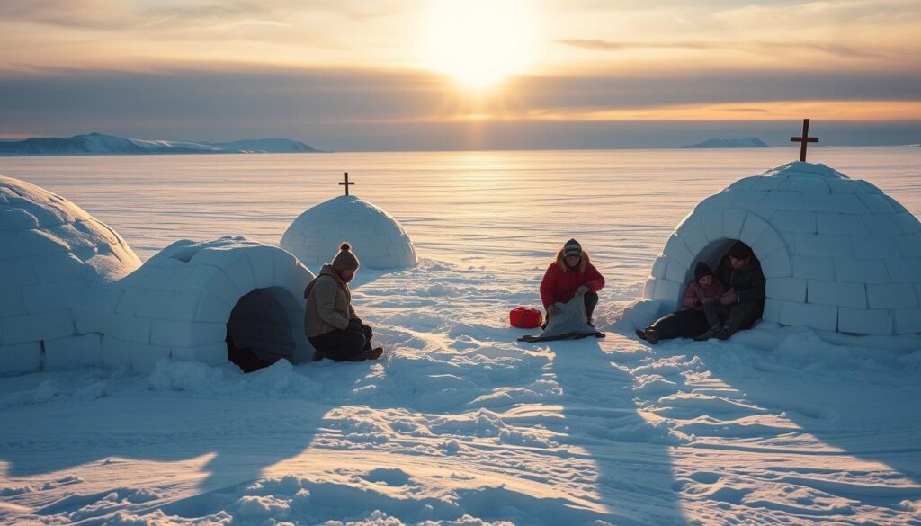 A peaceful Inuit village during the Arctic winter, featuring traditional igloos crafted from blocks of snow, prominently displayed in the foreground. In the middle ground, an Inuit family dressed in warm, modest clothing made from animal skins, engaging in everyday activities such as fishing through a hole in the ice and preparing sealskin. In the background, vast snow-covered landscapes stretch to the horizon, under a soft, golden light of a low winter sun, casting long shadows and creating a serene atmosphere. Frost particles glisten in the air, enhancing the cold but vibrant scene. The overall mood is calm and respectful, showcasing the harmony between the Inuit people and their environment. The composition captures the essence of Inuit life, emphasizing community, tradition, and resilience. A peaceful Inuit village during the Arctic winter, featuring traditional igloos crafted from blocks of snow, prominently displayed in the foreground. In the middle ground, an Inuit family dressed in warm, modest clothing made from animal skins, engaging in everyday activities such as fishing through a hole in the ice and preparing sealskin. In the background, vast snow-covered landscapes stretch to the horizon, under a soft, golden light of a low winter sun, casting long shadows and creating a serene atmosphere. Frost particles glisten in the air, enhancing the cold but vibrant scene. The overall mood is calm and respectful, showcasing the harmony between the Inuit people and their environment. The composition captures the essence of Inuit life, emphasizing community, tradition, and resilience.