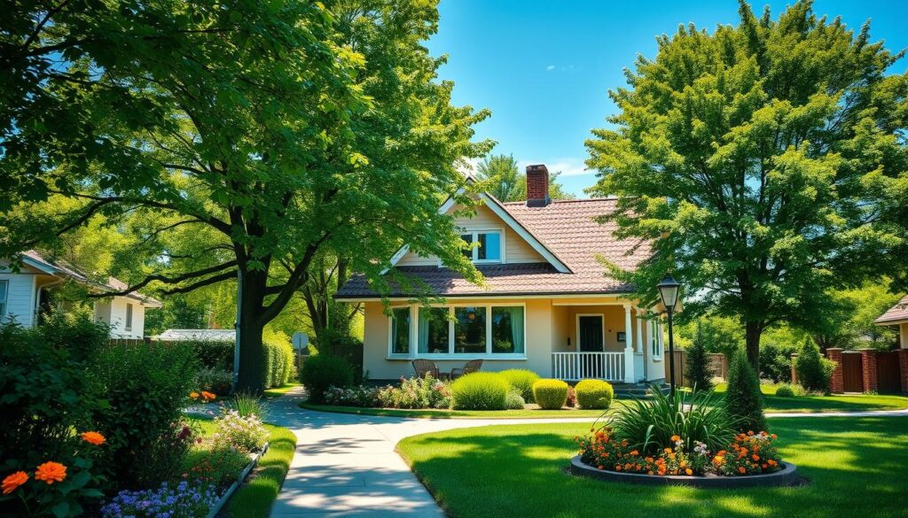 A peaceful suburban street in Poland, showcasing a charming house typical of the local architecture. In the foreground, a well-maintained garden with colorful flowers and a small pathway leading to the entrance. The middle layer features the house with large windows and a welcoming facade, emphasizing a homely feel. A cozy seating area on a porch is subtly visible. In the background, lush green trees under a clear blue sky, with soft sunlight filtering through the leaves, creating a warm and inviting atmosphere. The image captures a tranquil, everyday scene, bringing a sense of comfort and familiarity, suggesting the lifestyle of a well-known actor living in harmony with nature.