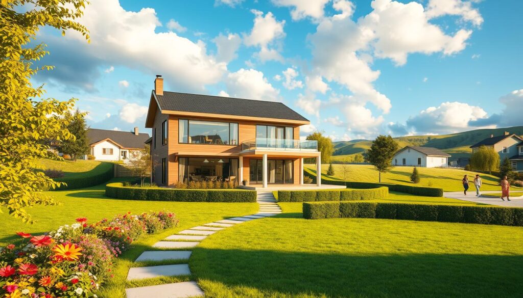 A picturesque and modern residential area set in a tranquil suburban environment, showcasing a spacious and stylish house inhabited by a group of creative content creators. In the foreground, a well-kept garden with colorful flowers, neatly trimmed hedges, and a pathway leading to the entrance. In the middle, the large, contemporary two-story house with large windows and an inviting porch, reflecting a warm, welcoming atmosphere. In the background, gentle hills and a clear blue sky with vibrant clouds, hinting at a bright day. The lighting is soft and warm, capturing the essence of a friendly neighborhood. The image should evoke a sense of creativity and community, ideal for illustrating the living space of the Ekipa creators.