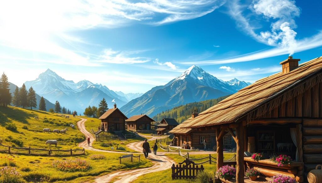 A picturesque mountain village scene inspired by the characters of the popular show "Górale." In the foreground, a cozy wooden cabin with a thatched roof, flowers in the window boxes, and smoke gently rising from the chimney. To the left, a lush green meadow dotted with wildflowers and distant grazing sheep, evoking a feeling of tranquility. In the middle ground, traditional wooden huts and a winding dirt path lead toward the mountains, with villagers dressed in modest, colorful attire engaging in daily activities. The background features majestic, snow-capped peaks under a bright blue sky, with wisps of clouds. The warm, golden light of late afternoon creates a serene atmosphere, inviting viewers to imagine the rustic life of the characters.
