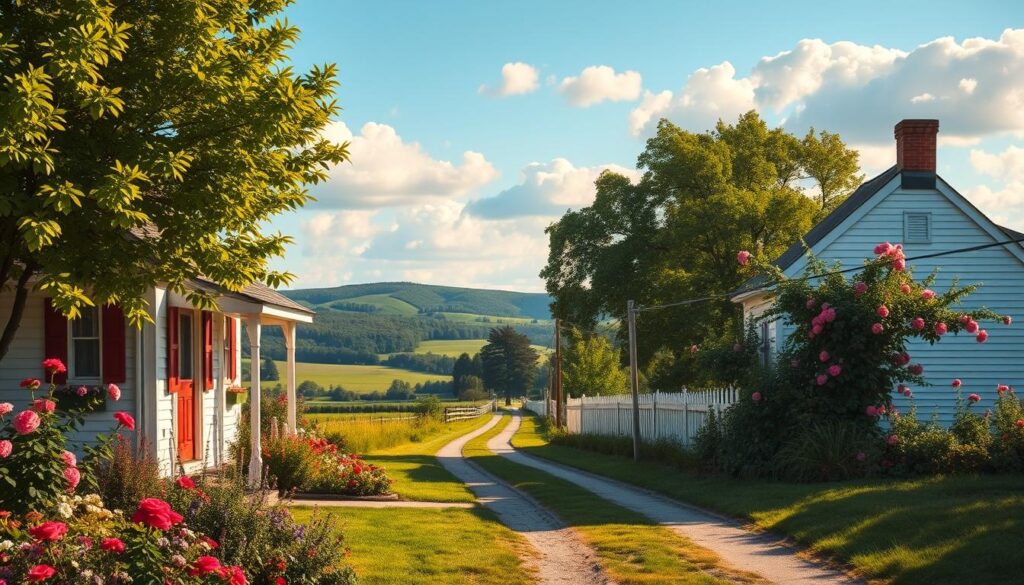 A picturesque representation of Avonlea, inspired by L.M. Montgomery's "Anne of Green Gables". In the foreground, a charming old white cottage with red shutters and a welcoming porch, surrounded by vibrant flower gardens in full bloom. In the middle ground, a tranquil road leading to the cottage, lined with lush green trees and a picket fence adorned with climbing roses. In the background, rolling hills under a clear blue sky, with fluffy white clouds drifting lazily. The lighting is warm and soft, evoking a sense of nostalgia, as if bathed in the golden glow of a late afternoon sun. Capture the essence of idyllic rural life, serene and inviting, illustrating the heart of Avonlea.