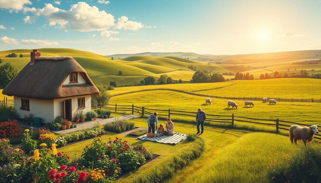 A picturesque rural landscape illustrating "life in the countryside." In the foreground, a modest farmhouse with a thatched roof, surrounded by a well-tended garden bursting with colorful flowers and vegetables. A family of four, dressed in casual but modest clothing, are engaged in activities like tending to the garden and enjoying a picnic on a checkered blanket. The middle ground features a vibrant green field with grazing sheep and a rustic wooden fence. In the background, rolling hills stretch under a clear blue sky, with a warm golden sunlight casting soft shadows. The overall mood is peaceful and harmonious, capturing the essence of family life in a serene countryside setting, evoking feelings of tranquility and simplicity.