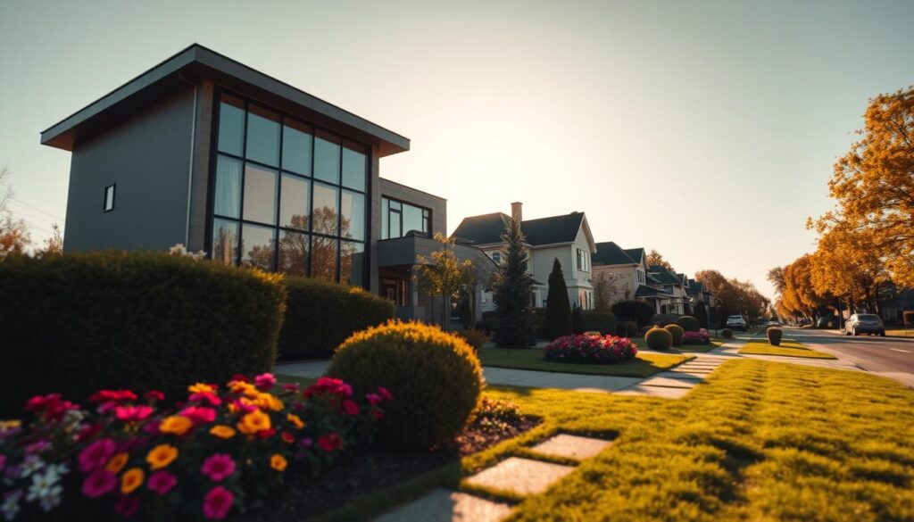 A picturesque scene showcasing the elegant home of a famous Polish singer, Sylwia Grzeszczak. In the foreground, a beautifully landscaped garden with colorful flowers and neatly trimmed bushes. The middle ground features a modern, stylish house with large windows reflecting sunlight, displaying sleek architecture and a warm, inviting facade. The background reveals a tranquil neighborhood with tree-lined streets under a clear blue sky, suggesting a peaceful suburban atmosphere. The lighting is soft and warm, evoking a serene and welcoming environment. The mood is harmonious and uplifting, perfect for illustrating the singer's home location, encapsulating both luxury and comfort.