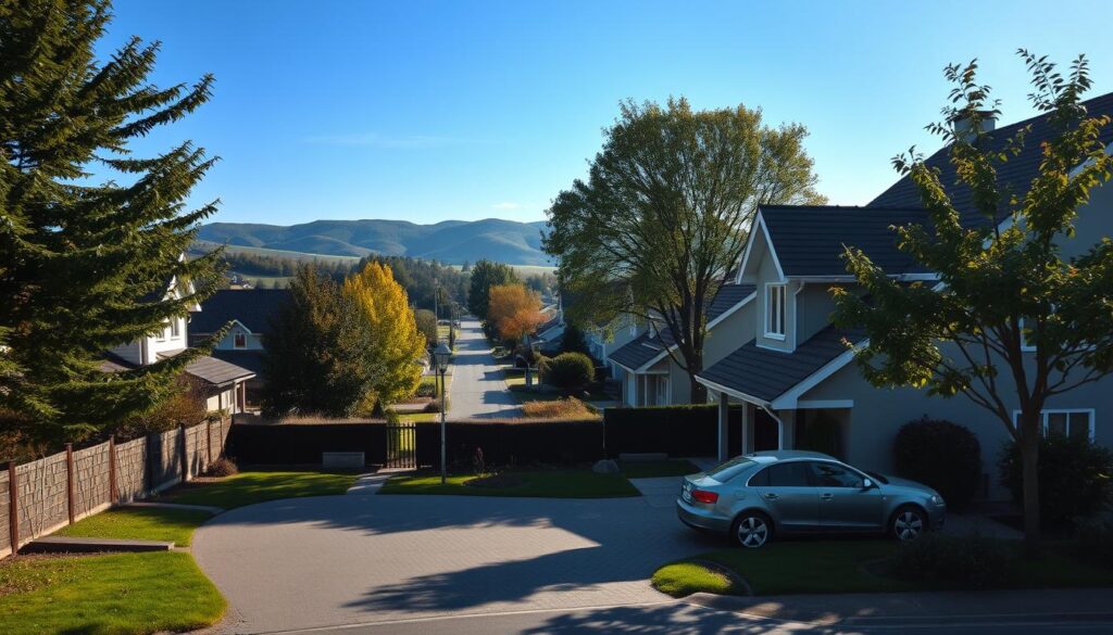 A picturesque suburban neighborhood reflecting the serene home of a famous referee, Szymon Marciniak. In the foreground, a well-maintained, modern house with a neat garden and a driveway leading to a parked car. The middle ground features a quiet street lined with trees, creating a peaceful atmosphere. In the background, soft hills under a clear blue sky give a sense of tranquility. The sunlight gently bathes the scene, enhancing the warm, welcoming feel of the neighborhood. The composition should be captured from a slightly elevated angle to provide a clear view of the house while maintaining the charm of the neighborhood. This scene embodies a balance between professional life and personal space, encapsulating the essence of a successful figure in sports.