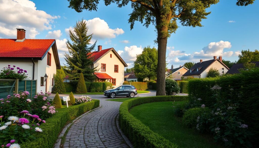 A picturesque view of Sławomir Zapała's home, set in a tranquil suburban neighborhood, featuring a charming two-story house with light-colored walls and a red-tiled roof. The foreground showcases a lush green garden filled with blooming flowers and neatly trimmed hedges, while a cobblestone pathway leads to the front door. In the middle ground, a parked family car adds a personal touch, and the scene is framed by tall trees providing a touch of shade. The background features a clear blue sky with light fluffy clouds, suggesting a serene afternoon. Soft, warm lighting enhances the inviting atmosphere, captured from a slightly elevated angle to show both the home and the surrounding landscape beautifully.