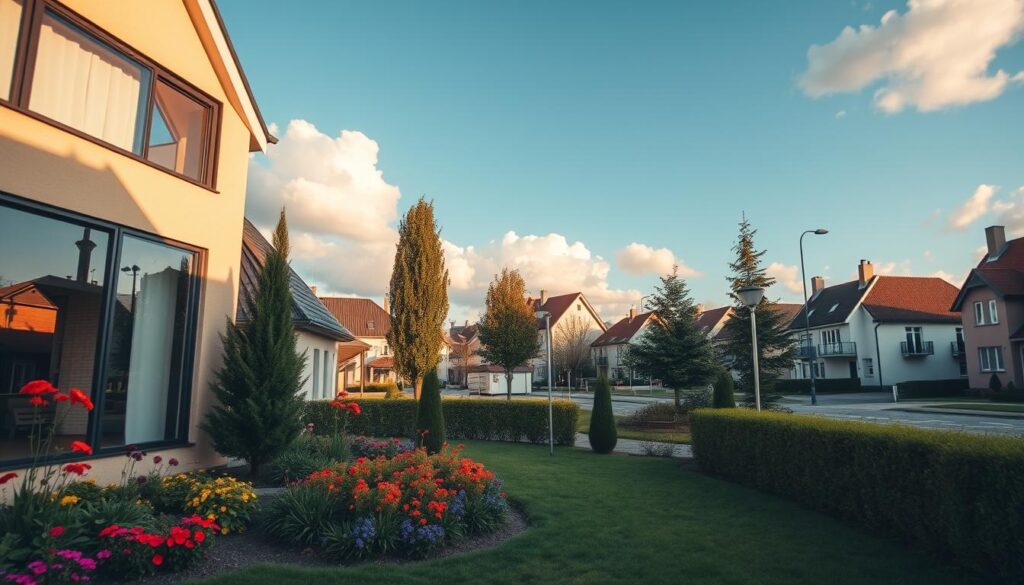 A picturesque view of a contemporary residential area in Poland that reflects where Mariusz Walter, a prominent media figure, might reside. In the foreground, a charming, modern house with large windows and a well-maintained garden featuring colorful flowers and tall trees. In the middle ground, glimpses of a peaceful neighborhood with clean streets and traditional Polish architecture. The background showcases a clear blue sky with soft white clouds, creating a serene atmosphere. The lighting is warm and inviting, suggesting late afternoon, with sunlight casting gentle shadows. A lens perspective that captures both the details of the house and the neighborhood setting, evoking a sense of comfort and elegance in a suburban environment.