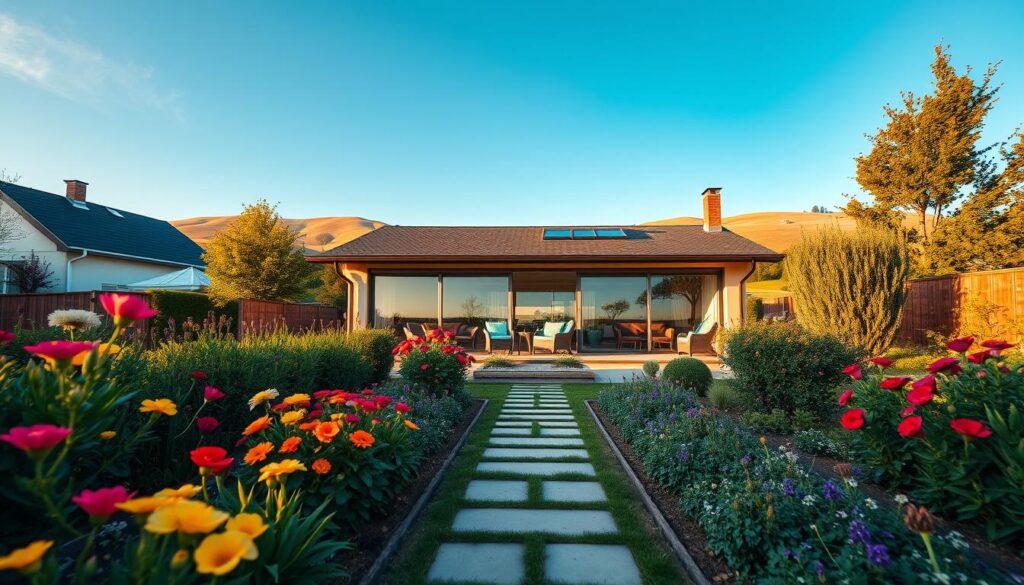 A picturesque view of a stylish, modern home nestled in a serene suburban neighborhood, reflecting the essence of comfort and elegance that might represent the residence of a beloved Polish television personality. In the foreground, a well-maintained garden filled with vibrant flowers and lush greenery leads up to the entrance, showcasing a welcoming pathway. In the middle, the house boasts large windows and a spacious patio, where tasteful outdoor furniture invites relaxation. In the background, gentle rolling hills under a clear blue sky provide a tranquil ambiance. The scene is bathed in warm, golden sunlight, creating a serene and inviting atmosphere, evoking a sense of home and inspiration. The composition is presented with a soft focus to enhance the sentimentality associated with the idea of 'home.'