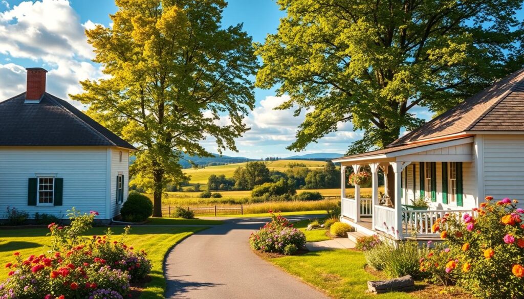 A picturesque view of the Green Gables house in Avonlea, inspired by the beloved "Anne of Green Gables." In the foreground, the iconic white wooden house with green shutters and a welcoming porch, surrounded by lush gardens blooming with colorful flowers. The middle ground features a winding pathway leading up to the house, lined with tall maple trees swaying gently in the breeze. In the background, a serene landscape of rolling hills and a bright blue sky dotted with fluffy white clouds. Soft, warm sunlight bathes the scene, casting gentle shadows and highlighting the cozy, inviting atmosphere of the home. The composition is captured with a slightly elevated angle, enhancing its charm and inviting nature.
