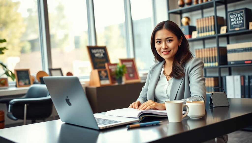 A poised young woman, Julia Wieniawa, is depicted in a stylish, modern office environment. She is dressed in smart casual attire, exuding both professionalism and creativity. In the foreground, Julia is seated at a sleek desk, focused on her laptop, with an open planner and a coffee cup nearby, symbolizing her busy career as an actress and influencer. The middle ground features large windows allowing natural light to flood the space, highlighting her features and the vibrant colors of her attire. In the background, there are shelves filled with awards and books about filmmaking and social media strategies, adding depth to the scene. The mood is inspiring and dynamic, capturing her dedication to her professional life, with soft lighting to create an inviting ambiance, shot with a shallow depth of field to emphasize her. A poised young woman, Julia Wieniawa, is depicted in a stylish, modern office environment. She is dressed in smart casual attire, exuding both professionalism and creativity. In the foreground, Julia is seated at a sleek desk, focused on her laptop, with an open planner and a coffee cup nearby, symbolizing her busy career as an actress and influencer. The middle ground features large windows allowing natural light to flood the space, highlighting her features and the vibrant colors of her attire. In the background, there are shelves filled with awards and books about filmmaking and social media strategies, adding depth to the scene. The mood is inspiring and dynamic, capturing her dedication to her professional life, with soft lighting to create an inviting ambiance, shot with a shallow depth of field to emphasize her.