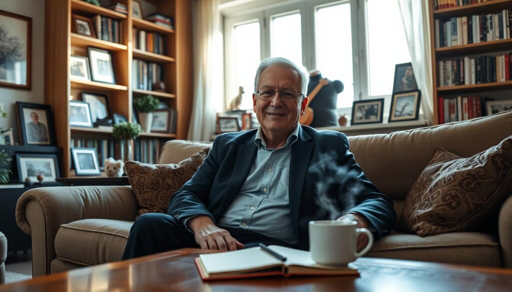 A portrait of Arkadiusz Chęciński, the president of Sosnowiec, in a cozy, well-decorated living room filled with family photos and mementos. He is sitting comfortably on a plush sofa, wearing smart casual attire, with a gentle smile that conveys warmth and approachability. Bookshelves filled with literature and personal items are in the background, softly lit by natural sunlight streaming through a large window, creating a calm and inviting atmosphere. A coffee table in front of him holds a steaming cup and a notebook, suggesting a moment of reflection. The overall mood is friendly and relaxed, capturing the essence of his private life. The angle is slightly elevated, focusing on his expression while including elements of his personal space.