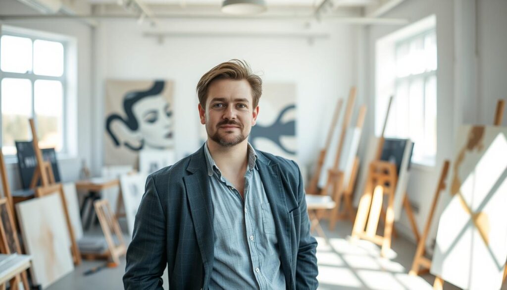 A portrait of Maciej Maleńczuk, a renowned controversial artist, standing confidently in a well-lit, contemporary studio. In the foreground, he is depicted wearing a smart-casual outfit, showing a blend of artistic flair and professionalism. His expression is dynamic, reflecting his passionate nature. In the middle ground, artistic tools and canvases surround him, hinting at his creative process. The background features abstract artwork and a soft, neutral color palette that conveys a sense of contemplation, emphasizing the topic of his biography. Natural light streams in from large windows, casting gentle shadows that enhance the mood of inspiration and creativity. The image captures the essence of a thoughtful artist in his element, inviting viewers to explore his life story without any text or distractions.