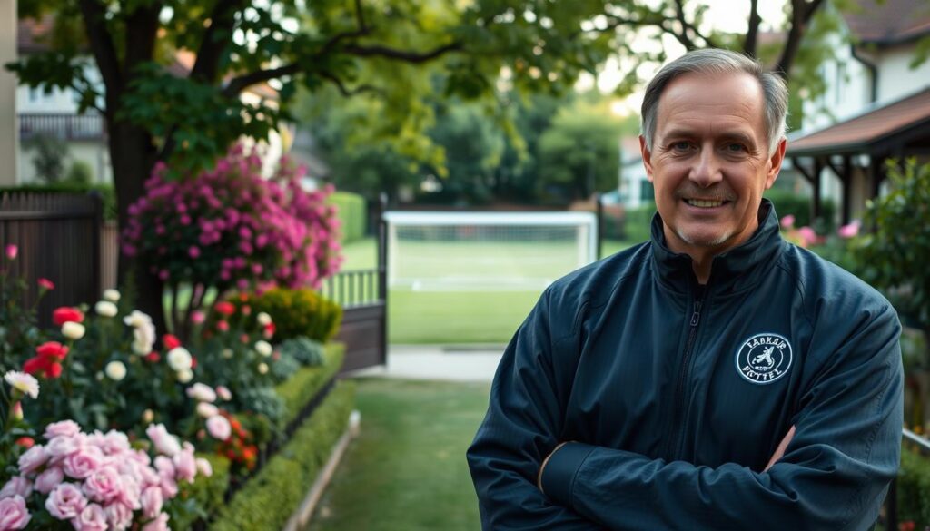 A portrait of Marek Papszun, a distinguished and respected football coach, standing confidently in a charming, well-kept garden. In the foreground, he is wearing a professional sports jacket, looking approachable yet authoritative, with a backdrop of blooming flowers and lush greenery, creating a warm and inviting atmosphere. The middle of the image features a well-maintained soccer field visible through an open gate, symbolizing his connection to the sport. The background shows a residential area, with trees lining the streets, hinting at a tranquil neighborhood. The lighting is soft and natural, suggesting early morning or late afternoon, enhancing the peaceful mood. The camera angle is slightly elevated, focusing on Papszun while capturing the essence of his surroundings, fostering a professional yet serene ambiance.