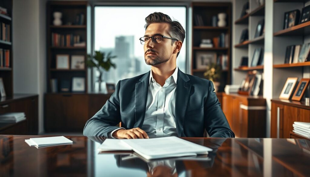 A portrait of Mariusz Walter, a distinguished media executive, in a sophisticated office setting. He is dressed in a sharp, professional suit, exuding confidence and charisma. The foreground features a polished wooden desk with a few scattered documents, symbolizing his impactful career in television. In the middle, Mariusz is seated, looking thoughtfully towards the window, which reveals a city skyline. The background reflects a modern office decor, with bookshelves filled with industry-related literature and awards displayed on the walls. Soft, natural lighting fills the room, casting a warm glow that highlights his facial features and creates a contemplative mood. A slight depth of field adds emphasis to Mariusz while maintaining a professional ambiance.