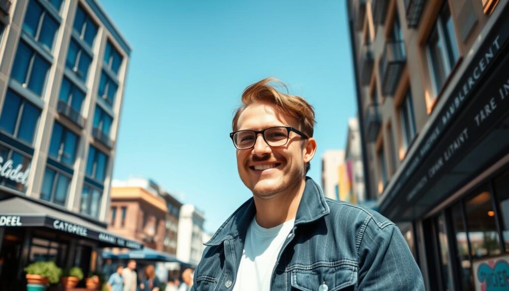 A portrait of Michał Baron, known as Boxdel, stands in a modern urban environment. In the foreground, Boxdel is depicted in a relaxed yet confident pose, wearing stylish casual clothing suitable for an influencer, with a welcoming smile. The middle ground features a lively cityscape, with trendy cafes and street art reflecting his creative influence. In the background, a clear blue sky indicates a sunny day, contributing to an upbeat and vibrant atmosphere. The lighting is bright and natural, highlighting Boxdel’s features and the lively surroundings. The angle is slightly low to give an imposing view of his character, evoking a sense of dynamism and approachability typical of influential figures in social media.