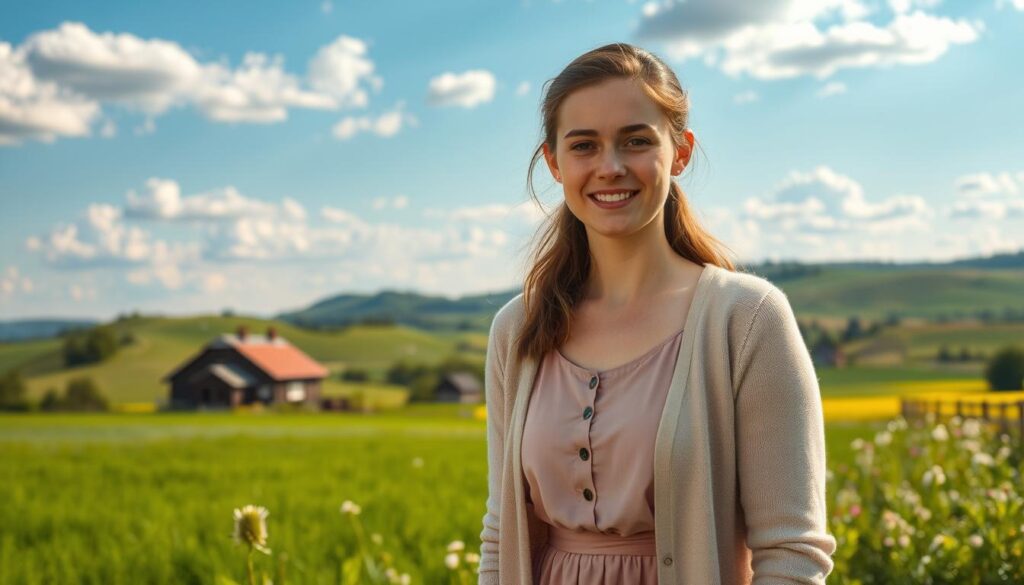 A portrait of a warm and approachable woman in her late twenties, inspired by Agata from the show "Rolnik Szuka Żony." She is wearing a modest, stylish dress paired with a light cardigan, standing in a picturesque Polish countryside setting. In the foreground, she is smiling gently, embodying a sense of openness and friendliness. In the middle ground, there are lush green fields with a charming farmhouse and blooming wildflowers, creating a serene environment. The background features rolling hills under a bright blue sky with scattered clouds, infused with soft, natural sunlight giving a warm glow to the scene. The atmosphere conveys hope and connection to rural life, inviting the viewer to learn more about her. A portrait of a warm and approachable woman in her late twenties, inspired by Agata from the show "Rolnik Szuka Żony." She is wearing a modest, stylish dress paired with a light cardigan, standing in a picturesque Polish countryside setting. In the foreground, she is smiling gently, embodying a sense of openness and friendliness. In the middle ground, there are lush green fields with a charming farmhouse and blooming wildflowers, creating a serene environment. The background features rolling hills under a bright blue sky with scattered clouds, infused with soft, natural sunlight giving a warm glow to the scene. The atmosphere conveys hope and connection to rural life, inviting the viewer to learn more about her.