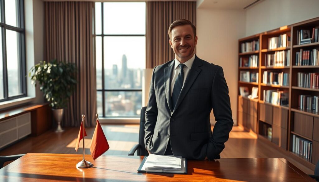 A professional politician, Marcin Bosacki, is depicted standing confidently in a spacious office setting. He wears a tailored dark suit and a crisp white shirt, radiating a sense of authority and professionalism. The foreground features a polished wooden desk adorned with political documents and a small flag, symbolizing his dedication to public service. In the middle ground, a large window reveals a city skyline, hinting at his influence and connection to urban life. The background includes bookshelves filled with political literature, emphasizing his deep knowledge of political affairs. The lighting is warm and natural, casting soft shadows that create an inviting atmosphere. The camera angle offers a slight upward tilt, enhancing his stature and presence in the political arena. The overall mood is inspiring and focused, representing a successful political career.