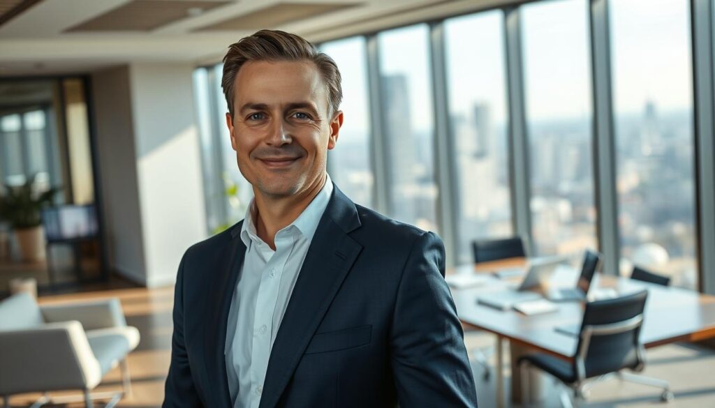 A professional portrait of Dariusz Miłek, a prominent Polish entrepreneur, in a sophisticated office setting. In the foreground, he stands confidently, dressed in a tailored navy suit and crisp white shirt, exuding a sense of success and elegance. His facial expression is focused yet approachable, with neatly styled hair and a slight smile. In the middle ground, the office includes modern furniture, an expansive desk with business documents, and a laptop, subtly indicating his role in the business world. The background reveals a large window overlooking a city skyline, bathed in natural daylight, creating a bright and inspiring atmosphere. The image should evoke professionalism and achievement, with soft shadows and highlights enhancing the overall composition.