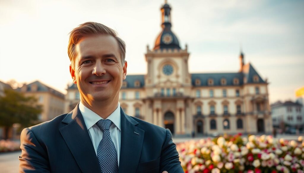 A professional portrait of Jacek Jaśkowiak, the mayor of Poznań, standing confidently in front of the iconic Ratusz, the town hall, during golden hour. He is wearing a tailored navy suit with a crisp white shirt and a subtle patterned tie, exuding leadership and charisma. In the foreground, focus on his warm smile and approachable demeanor, hinting at his dedication to the city. The middle ground showcases the Ratusz's intricate architectural details, surrounded by blossoming flowers in the town square. The background features a soft, tranquil sky with golden hues that symbolize hope and community. The lighting is soft and flattering, creating a welcoming atmosphere that reflects the spirit of Poznań. Prefer a medium shot with a slight upward angle to emphasize his stature and the majestic town hall. The composition should be clean, without any distractions or overlays.