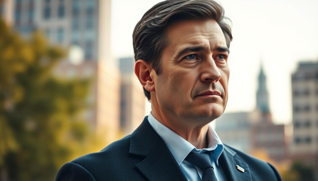 A professional portrait of Jan Maria Rokita, depicting his transformation over the years. In the foreground, he is dressed in a tailored dark suit, refined but approachable, showcasing his leadership presence. The middle layer features a soft focus background of urban elements, hinting at his political career, with city buildings and greenery subtly blended. The background is illuminated by warm, natural lighting, suggesting optimism and growth. The image should capture Rokita's thoughtful expression as he gazes slightly off-camera, conveying introspection and determination. The mood is serious yet inspirational, emphasizing his evolution as a political figure in a dynamic environment. The composition should utilize a shallow depth of field, focusing sharply on Rokita while gently blurring the surroundings for a polished, professional appearance.