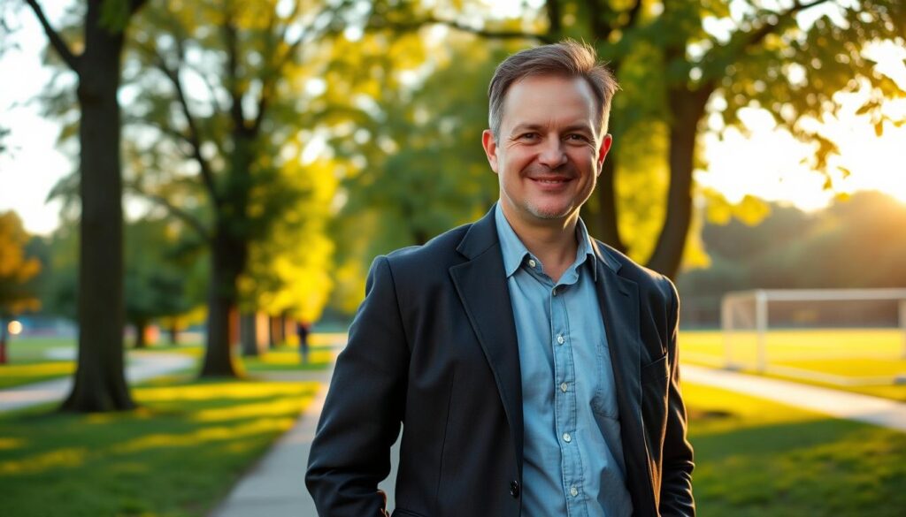 A professional portrait of Marek Papszun, a renowned football coach, standing confidently in a picturesque park during golden hour. In the foreground, he is wearing a smart casual outfit, a tailored jacket over a collared shirt, exuding charisma and professionalism. His posture is relaxed yet assertive, with a slight smile suggesting approachability. The middle ground features lush green trees and a serene walking path, symbolizing calm and focus. In the background, a blurred view of a football pitch can be glimpsed, hinting at his passion for coaching. Soft, warm lighting enhances the atmosphere, creating an inspiring and motivational mood that reflects his journey and dedication to the sport.