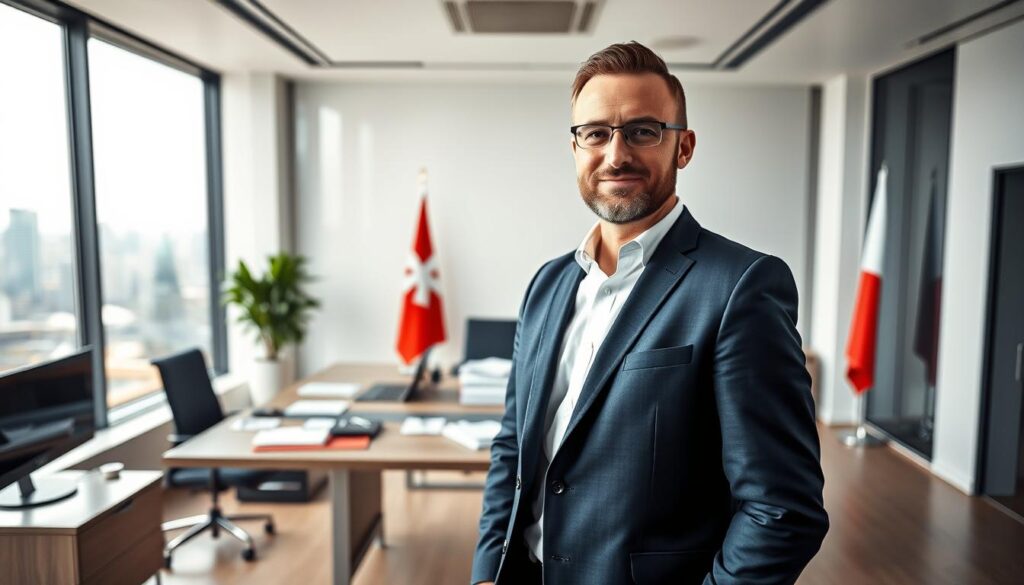 A prominent Polish politician and musician, Paweł Kukiz, stands confidently in a sleek, modern office, embodying his political engagement. In the foreground, he wears a smart navy suit and a crisp white shirt, exuding professionalism. The middle ground features a large desk adorned with political materials like documents, a laptop, and a Polish flag, showcasing his active role in politics. The background includes large windows with a view of a city skyline, symbolizing his connection to urban Polish politics. Soft, natural light filters in, creating a warm and inviting atmosphere. The composition captures a sense of determination and focus, reflecting Kukiz’s commitment to public service and his dual career as a musician and politician.