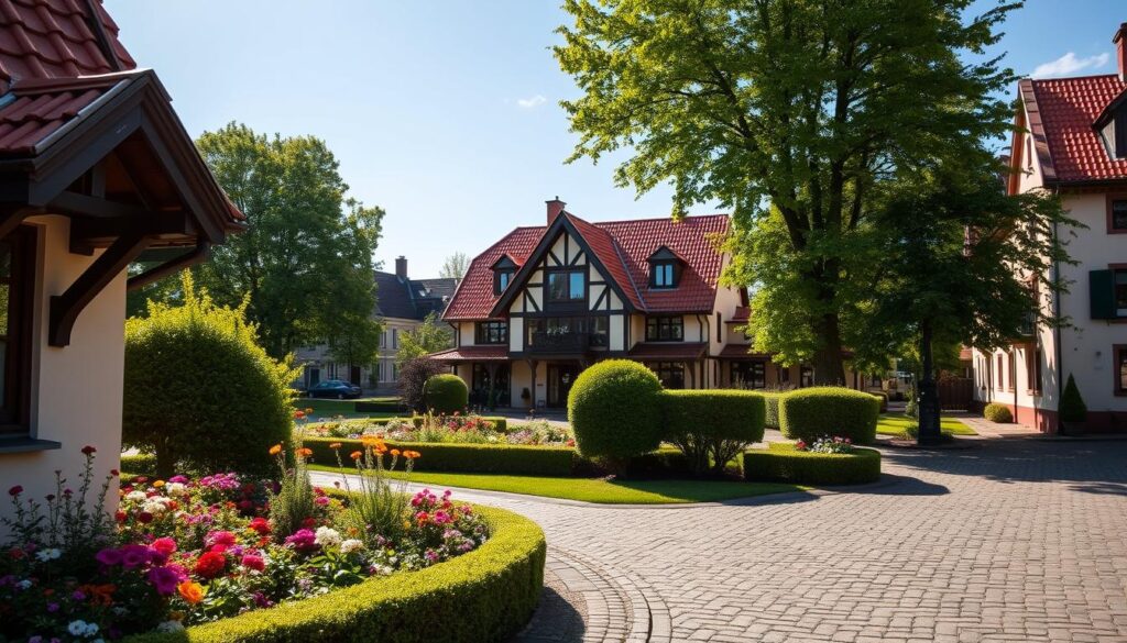 A scenic view of Lech Wałęsa's home in Gdańsk, Poland. The foreground features the charming entrance with a beautifully manicured garden, dotted with colorful flowers and trimmed hedges. In the middle, the house is a traditional Polish architectural style, showcasing a red-tiled roof, light-colored walls, and wooden accents. It embodies warmth and history, with large windows allowing natural light to pour in. The background displays a serene neighborhood view with cobblestone streets and lush green trees under a clear blue sky, enhancing the tranquil atmosphere. The scene is bathed in soft afternoon light, creating gentle shadows that add depth, captured from a slightly elevated angle for a picturesque and inviting perspective. The mood is peaceful and reflective, ideal for conveying the significance of the place. A scenic view of Lech Wałęsa's home in Gdańsk, Poland. The foreground features the charming entrance with a beautifully manicured garden, dotted with colorful flowers and trimmed hedges. In the middle, the house is a traditional Polish architectural style, showcasing a red-tiled roof, light-colored walls, and wooden accents. It embodies warmth and history, with large windows allowing natural light to pour in. The background displays a serene neighborhood view with cobblestone streets and lush green trees under a clear blue sky, enhancing the tranquil atmosphere. The scene is bathed in soft afternoon light, creating gentle shadows that add depth, captured from a slightly elevated angle for a picturesque and inviting perspective. The mood is peaceful and reflective, ideal for conveying the significance of the place.