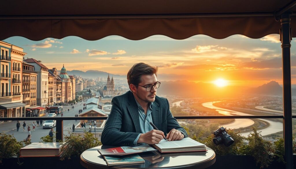 A scenic view of Marcin Kydryński's creative environments, depicting a blend of cityscape and nature that influences his work. In the foreground, a thoughtful figure resembling Kydryński, dressed in a smart casual outfit, sits at an outdoor café table, sketching notes, surrounded by travel books and a camera. The middle layer showcases vibrant streets of a bustling city, intertwined with serene natural landscapes, such as mountains or a river, symbolizing the duality of urban and rural inspirations. The background features a dramatic sunset, casting warm golden hues over the scene, creating a reflective mood. The image captures the essence of travel and creativity, emphasizing the impact of location on Kydryński's artistic journey. Shot from a slightly elevated angle to encapsulate both the character and the inspiring background. The lighting is soft and inviting, enhancing the overall atmosphere.