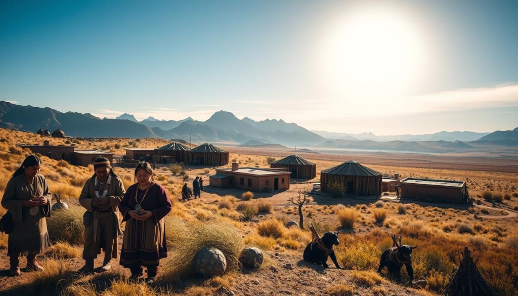 A scenic view showcasing a modern Native American community set against a backdrop of diverse landscapes. In the foreground, include indigenous individuals dressed in modest, traditional attire, engaging in everyday activities such as crafting or farming. The middle ground features contemporary homes and communal spaces built with natural materials, reflecting a harmonious blend of tradition and modernity. In the background, add mountains or open plains under a bright blue sky, with soft, warm lighting conveying a sense of peace and community. Capture the essence of resilience and cultural pride, highlighting this unique geography where ancient heritage meets contemporary life. Use a wide-angle lens to create a vibrant, expansive atmosphere, inviting viewers to appreciate the beauty of their living environment.