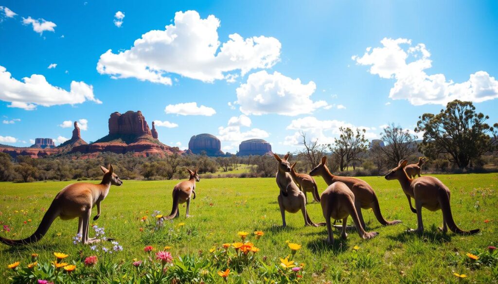 A serene Australian landscape featuring a group of kangaroos in their natural habitat. In the foreground, a group of kangaroos is playfully interacting, showcasing their distinctive long tails and powerful hind legs. The middle ground presents lush green grasslands scattered with vibrant wildflowers, emphasizing the richness of their environment. In the background, iconic red rock formations and eucalyptus trees stretch under a bright blue sky dotted with fluffy white clouds. The sunlight casts soft, warm rays, creating a peaceful and inviting atmosphere. The scene is captured from a low angle, providing an immersive view that highlights the kangaroos' natural behaviors and interactions within this beautiful setting.