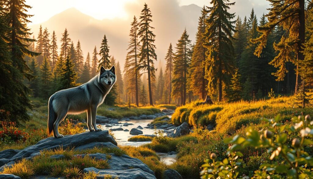 A serene and captivating wolf habitat, showcasing a dense forest filled with tall coniferous trees and vibrant undergrowth. In the foreground, a majestic gray wolf stands alert on a rocky outcrop, its fur glistening in the soft golden light of sunset. In the middle ground, a tranquil stream flows gently, reflecting the warm colors of the sky, surrounded by lush greenery and scattered wildflowers. In the background, misty mountains rise, partially hidden by a fog that adds a touch of mystery to the scene. The atmosphere is calm yet alive, evoking a sense of wild freedom. The image should have a natural depth of field, with a slightly blurred background to emphasize the wolf in the foreground. The lighting is warm and soft, creating an inviting yet wild mood.