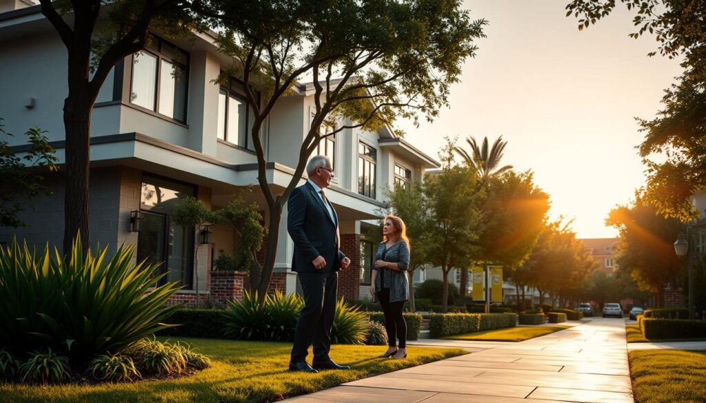 A serene and elegant suburban neighborhood, featuring a modern, well-designed home that reflects the success of a prominent entrepreneur. In the foreground, a professional man in stylish business attire interacts with a local community member, showcasing connectivity and influence. The middle ground displays a vibrant garden, signaling prosperity, with trees lining the street and a clear walkway leading to the entrance. In the background, a soft sunset bathes the scene in warm golden light, creating a tranquil atmosphere. The composition should use natural lighting to highlight the man's confident demeanor and the beauty of his surroundings, with a low-angle shot that emphasizes the stature of the home, portraying the importance of location in Edward Wełpa's career. A serene and elegant suburban neighborhood, featuring a modern, well-designed home that reflects the success of a prominent entrepreneur. In the foreground, a professional man in stylish business attire interacts with a local community member, showcasing connectivity and influence. The middle ground displays a vibrant garden, signaling prosperity, with trees lining the street and a clear walkway leading to the entrance. In the background, a soft sunset bathes the scene in warm golden light, creating a tranquil atmosphere. The composition should use natural lighting to highlight the man's confident demeanor and the beauty of his surroundings, with a low-angle shot that emphasizes the stature of the home, portraying the importance of location in Edward Wełpa's career.