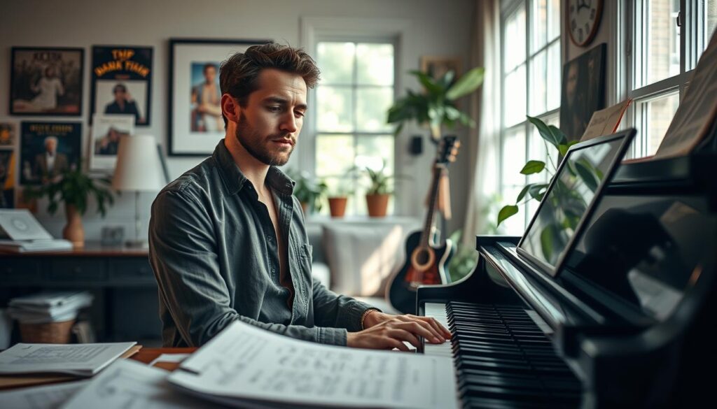A serene and engaging portrait of Dawid Kwiatkowski in a cozy, well-decorated home studio, reflecting his creative lifestyle. In the foreground, he is seen thoughtfully composing music at a piano, dressed in stylish yet casual attire. The middle ground features music sheets scattered around, along with a guitar leaning against the wall, indicating his passion for music. In the background, soft light filters through large windows, illuminating plants and framed album covers. The atmosphere is warm and inviting, conveying a sense of inspiration and creativity, while also suggesting a harmonious balance between work and personal life. The focus is sharp on Dawid, creating a sense of connection to his artistic journey. A serene and engaging portrait of Dawid Kwiatkowski in a cozy, well-decorated home studio, reflecting his creative lifestyle. In the foreground, he is seen thoughtfully composing music at a piano, dressed in stylish yet casual attire. The middle ground features music sheets scattered around, along with a guitar leaning against the wall, indicating his passion for music. In the background, soft light filters through large windows, illuminating plants and framed album covers. The atmosphere is warm and inviting, conveying a sense of inspiration and creativity, while also suggesting a harmonious balance between work and personal life. The focus is sharp on Dawid, creating a sense of connection to his artistic journey.