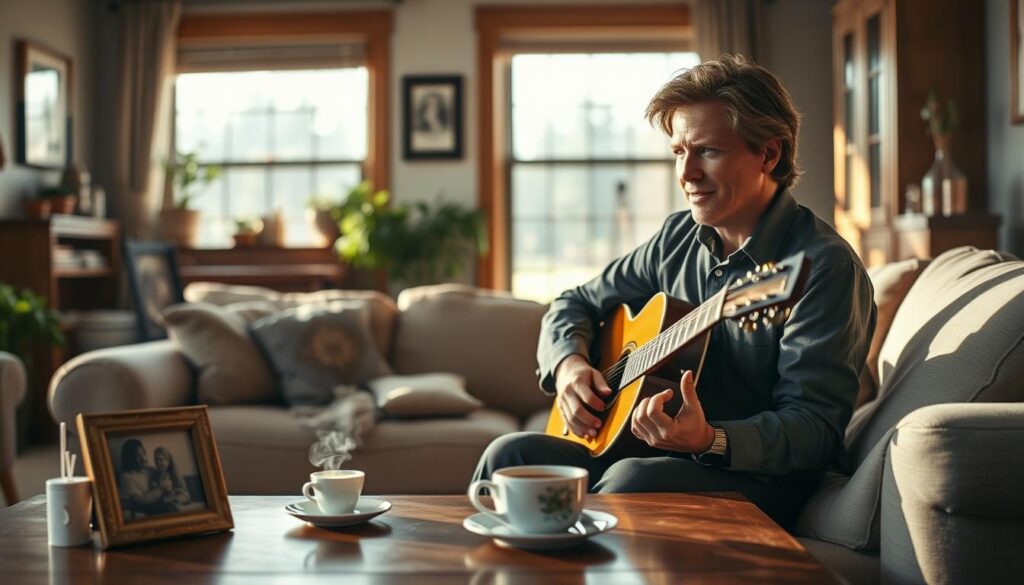 A serene and intimate scene depicting Bryan Adams in a cozy living room, reflecting his private life. In the foreground, Bryan sits casually on a plush sofa, dressed in professional casual attire, holding a guitar with a thoughtful expression. The middle layer shows a coffee table adorned with personal items like framed family photos and a steaming cup of coffee, hinting at his close relationships. In the background, soft natural light filters through a large window, casting gentle shadows and illuminating warm wooden accents and plants. The atmosphere is warm and inviting, evoking a sense of nostalgia and comfort, highlighting the balance between his public persona and private life. The image captures the essence of how his personal experiences shape his artistic career.