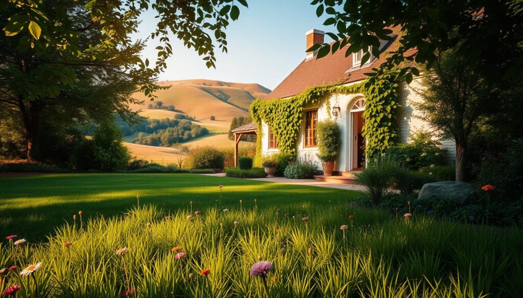 A serene and tranquil garden oasis featuring a cozy, inviting house blending with nature. In the foreground, plush green grass sprinkled with colorful wildflowers invites relaxation. The middle showcases a charming white cottage, adorned with climbing ivy and surrounded by vibrant greenery, with soft light filtering through the leaves. In the background, gently rolling hills and a clear blue sky complete the scene, enhancing the peaceful atmosphere. The lighting is warm and golden, reminiscent of a late afternoon, creating a harmonious and inviting mood. The image captures the essence of comfort, peacefulness, and an ideal retreat from the hustle of daily life, perfect for a quiet escape.