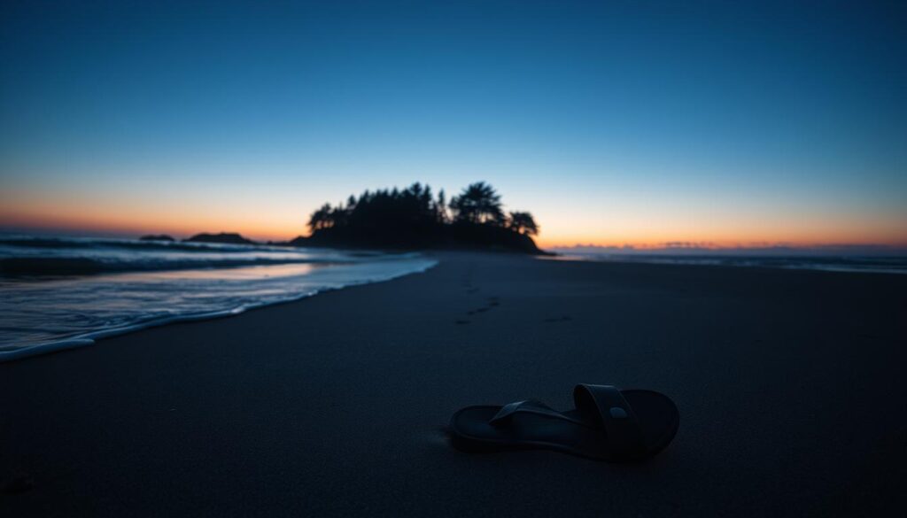 A serene beach at twilight, with gentle waves lapping against the shore. In the foreground, a single, worn-out sandal lies partially buried in the sand, symbolizing a mysterious disappearance. The middle ground features a faint outline of a coastal path leading to dense, shadowy pine trees, creating an unsettling contrast. The background showcases the fading sunset, casting deep blues and purples across the sky, evoking a sense of uncertainty and melancholy. Soft, diffused lighting enhances the scene, mimicking the last moments of daylight. The mood is somber and reflective, inviting contemplation about the circumstances of the disappearance, while maintaining a peaceful atmosphere. The composition should be framed with a slightly tilted angle to suggest imbalance and intrigue, making the viewer ponder the story behind the scene.