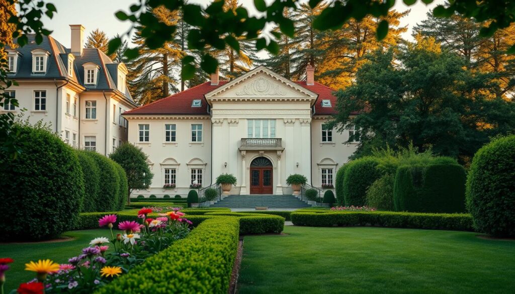 A serene, elegant presidential residence nestled in lush greenery, showcasing distinct architectural styles from various periods. In the foreground, a meticulously landscaped garden with vibrant flowers and manicured hedges frames the entrance. The middle ground features the classic façade of the building, adorned with large windows and a grand doorway, emphasizing its historical significance. The background reveals tall trees and a hint of a distant horizon, bathed in soft, golden sunlight of late afternoon, creating a warm and welcoming atmosphere. Capture this scene from a slightly elevated angle to highlight the residence's grandeur, enhancing its majestic presence while maintaining a peaceful ambiance. The overall mood should convey stability, dignity, and a connection to the history of Poland's leadership.