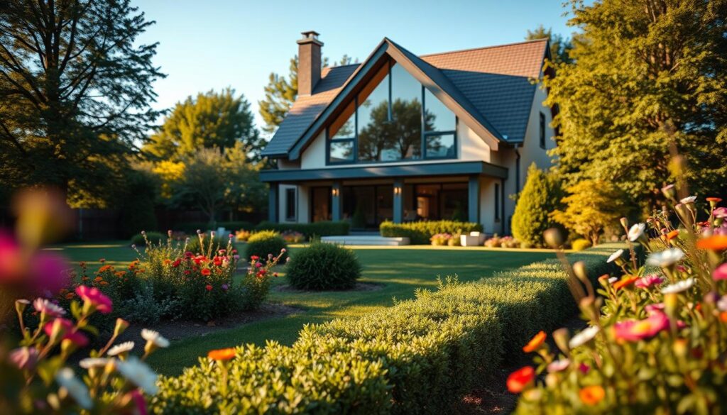 A serene, elegant residential area showcasing a charming house, representing the home of a famous Polish singer. In the foreground, a well-tended garden with colorful flowers and green shrubs, leading to a welcoming entrance. The middle ground features the house itself, an inviting structure with a modern yet classic design, large windows reflecting the sunlight, and a sloped roof. The background includes lush trees and a clear blue sky, conveying a peaceful atmosphere. Soft, warm lighting creates a cozy feel, while a slight depth of field emphasizes the foreground. Capture this scene from a slightly elevated angle to provide a comprehensive view, enhancing the home's allure and tranquility.
