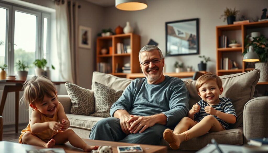 A serene family scene depicting the private life of Piotr Pręgowski, known for his role in "Ranczo." In the foreground, a smiling man in modest casual clothing, representing Piotr, sits on a cozy sofa, surrounded by family photos. His two children, animated and cheerful, play on the floor, while a warm and inviting atmosphere emanates from the soft lighting overhead. In the middle ground, a tastefully decorated living room with homey elements, such as bookshelves and plants, enhances the familial vibe. The background reveals a window with natural light streaming in, creating a peaceful ambiance. Captured with a focus on warmth and connection, the image conveys a sense of love and togetherness in Piotr's personal life, framed beautifully with a shallow depth of field.