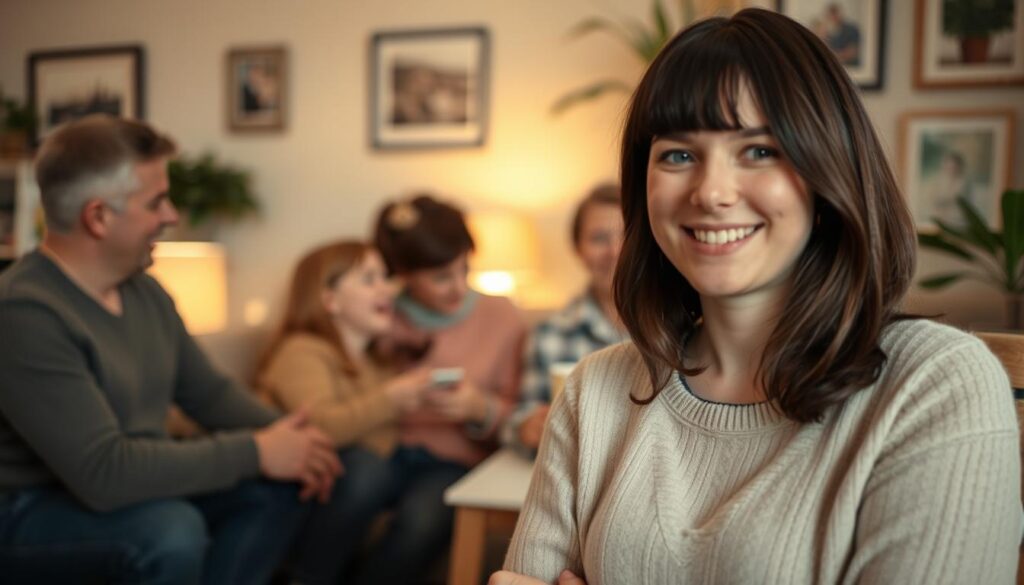 A serene family scene featuring Joanna Kulig surrounded by her close family members, set in a warm and inviting living room. The foreground shows Joanna, a woman in her 30s with shoulder-length dark hair, wearing cozy yet elegant casual clothing, smiling warmly as she interacts with her parents or siblings. In the middle ground, capture the family members engaged in joyful conversation or sharing a light-hearted moment, emphasizing their strong bond. The background reveals soft, ambient lighting, with family photos and plants enhancing the homey atmosphere. The composition should evoke feelings of love and closeness, inviting viewers to reflect on the importance of family connections. Use a soft focus to create a dreamlike quality, highlighting the warmth and intimacy of the moment.