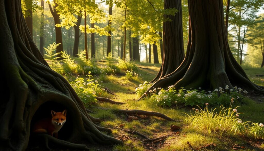 A serene forest environment depicting the home of a red fox. In the foreground, a cozy den entrance, nestled among roots and ferns, with soft earthen tones and subtle textures. In the middle ground, depict a lush undergrowth of vibrant green plants and scattered wildflowers, creating a natural habitat for the fox. The background showcases tall, sun-dappled trees, their leaves filtering warm, golden sunlight, casting gentle shadows on the forest floor. Capture the mood of tranquility and curiosity, inviting the viewer into this wild setting. Use a slightly elevated perspective to provide depth, and opt for soft focus to enhance the dreamlike quality of this peaceful habitat.
