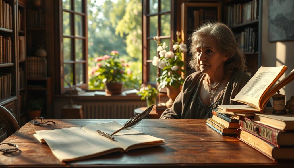 A serene literary scene depicting Jadwiga Łuszczewska, a Polish author, surrounded by elements that inspire her writing. In the foreground, a vintage wooden desk with a quill and parchment, creating an inviting workspace. The middle ground features a cozy library filled with classic books and an open window revealing a lush garden with blooming flowers, hinting at the beauty of nature that inspired her poetry. Soft, warm lighting filters through the window, casting gentle shadows across the scene. The atmosphere is tranquil and reflective, evoking a sense of creativity and inspiration. A hint of vintage decor enhances the historical context, while the overall composition maintains a timeless quality.