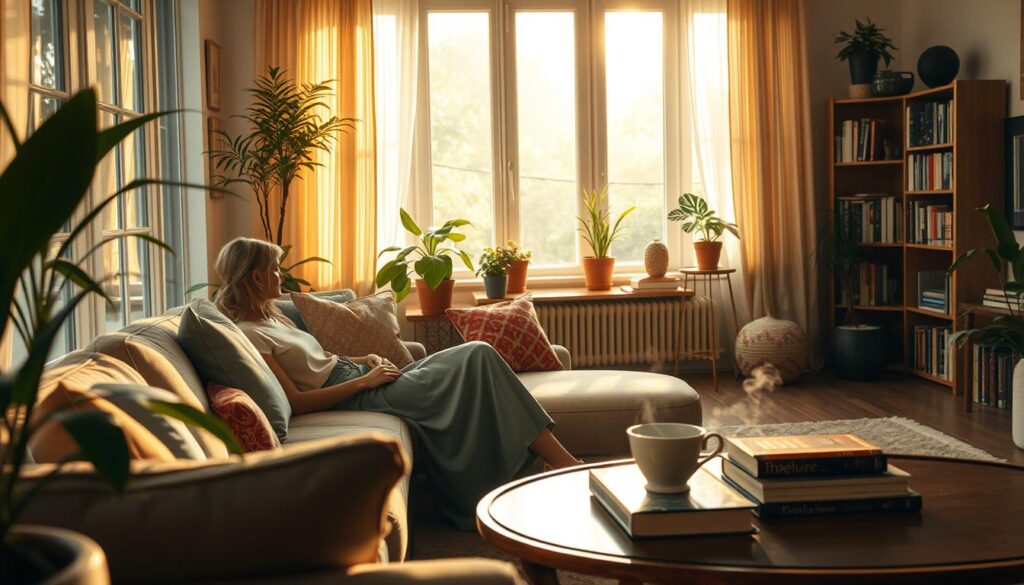 A serene living room filled with natural light, showcasing a cozy, elegant atmosphere. In the foreground, a stylish woman resembling Cleo sits comfortably on a plush sofa, dressed in a modest, fashionable outfit. She radiates tranquility as she gazes out of a large window, surrounded by indoor plants and tasteful decor. The middle ground captures a tasteful coffee table adorned with books and a steaming cup, hinting at a moment of reflection. In the background, soft pastel colors create an inviting ambiance, and a glimpse of an artistically arranged bookshelf adds depth. The scene is bathed in warm, golden-hued lighting, evoking a sense of privacy and calm, inviting viewers to ponder the private life of an artist.
