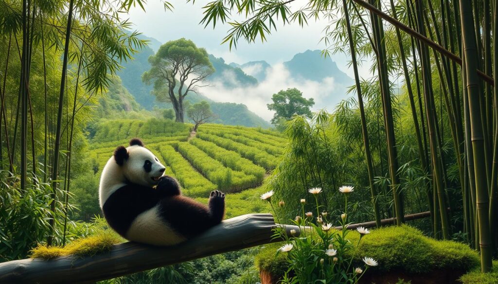 A serene natural habitat of the giant panda, showcasing lush green bamboo forests enveloped in mist. In the foreground, a playful giant panda rests on a wooden log, nibbling on bamboo shoots, with its signature black and white fur contrasting against the vibrant green backdrop. In the middle ground, dense clusters of bamboo create a natural maze, while wildflowers and soft moss add texture to the landscape. The background features misty mountains and ancient trees, invoking a sense of tranquility. The scene is bathed in soft, diffused sunlight filtering through the foliage, highlighting the panda's fur and creating a peaceful atmosphere. Capture this scene with a warm color palette and a slightly elevated perspective to emphasize the panda in its natural environment.